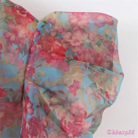 Brand New! Zara Puff Sleeve Statement Blouse Floral Organza Bow Tie Neck Pink - Picture 7 of 14